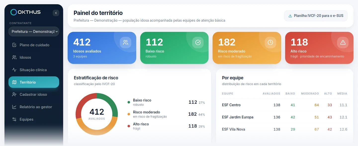 Painel do território: idosos avaliados, baixo, moderado e alto risco, estratificação pelo IVCF-20 e distribuição por equipe de saúde da família